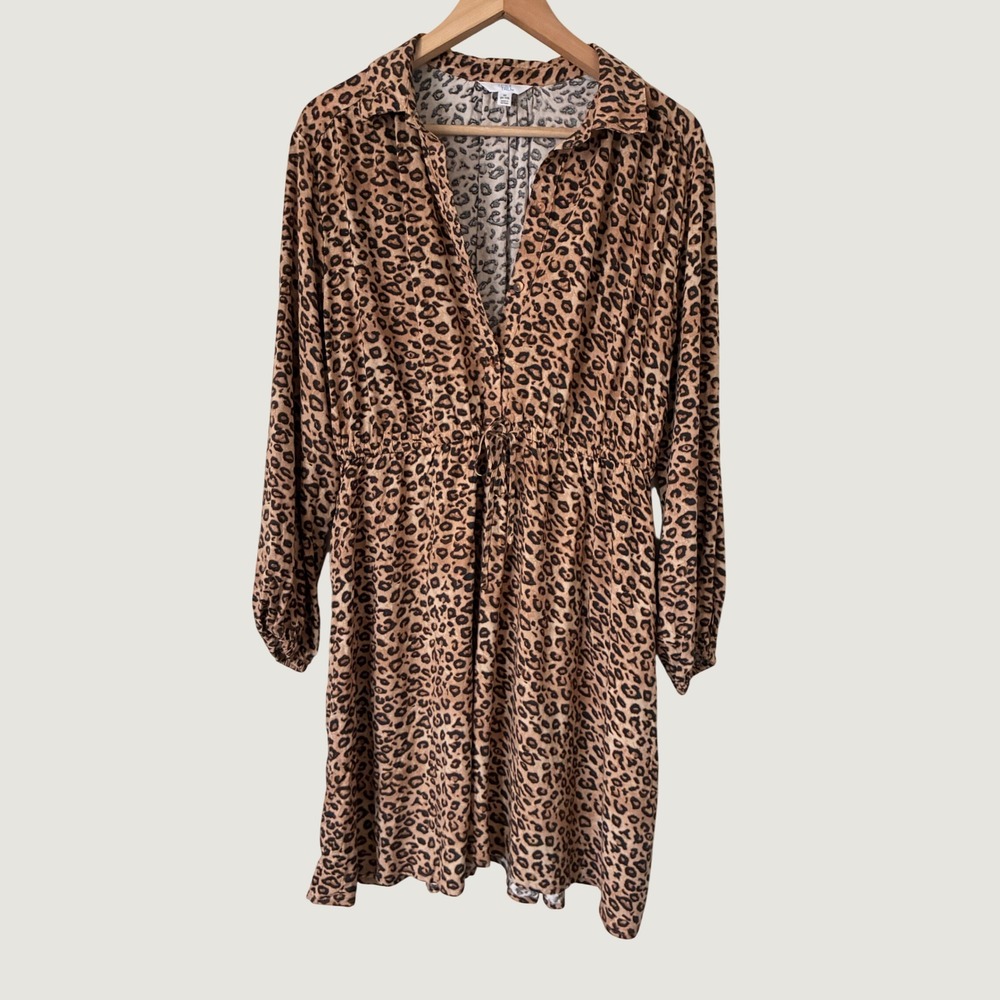 Time and Tru Leopard Print Button Front Mini Dress Brown Tan Long Sleeve Medium
